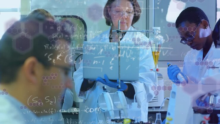 Animation of floating mathematical equations over group of multi ethnic doctors