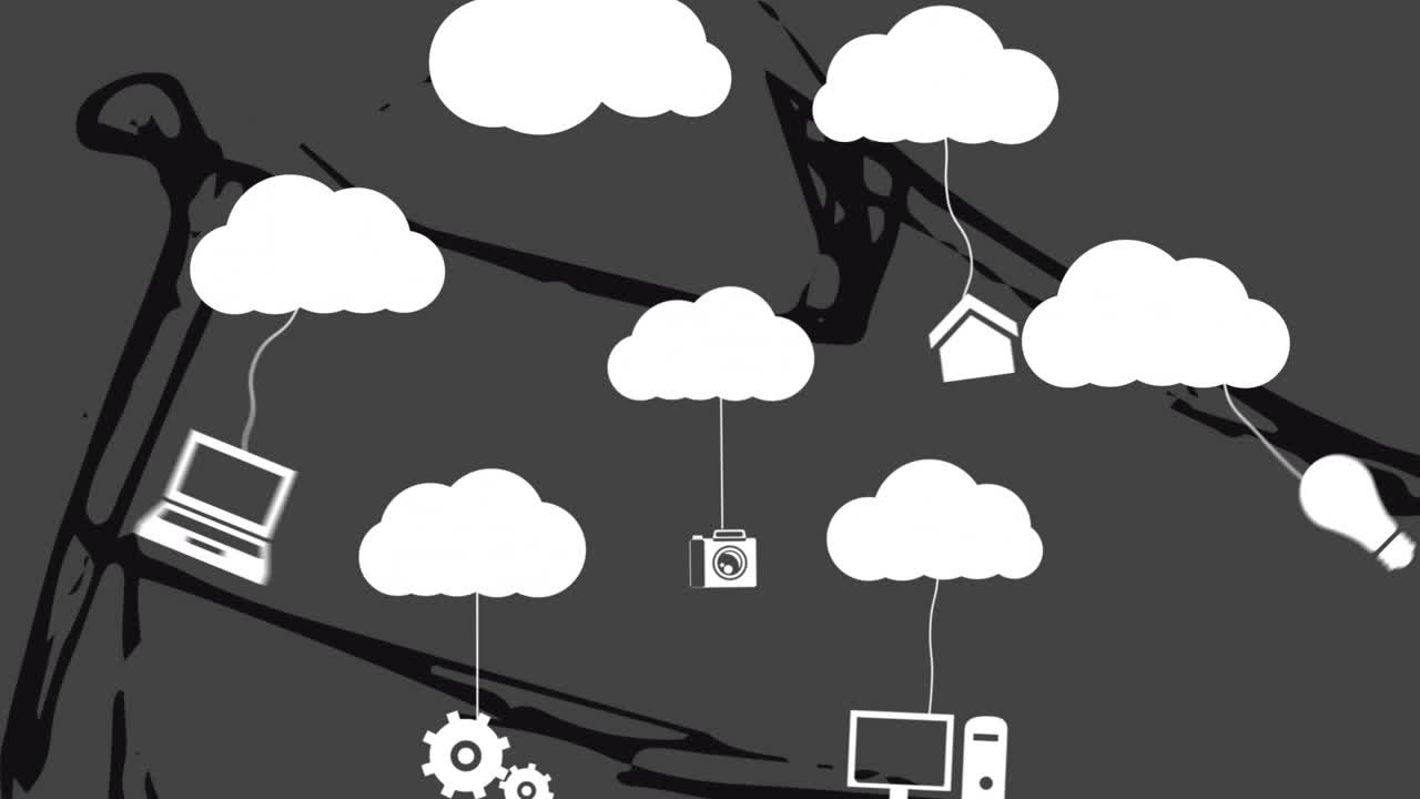 animación de computación en la nube sobre varios iconos de tecnología conectados por líneas
