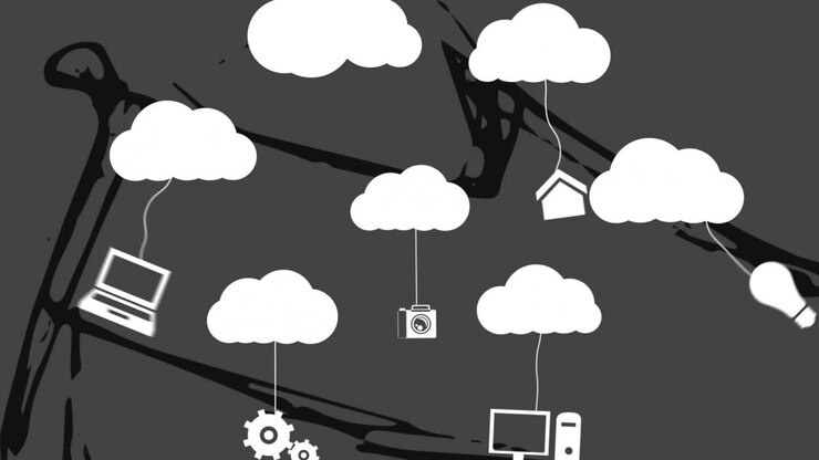 Cloud computing animation over various technology icons connected by lines