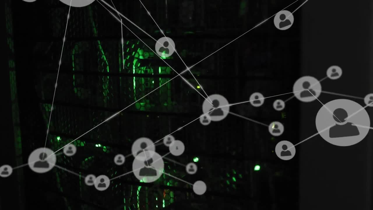 Animation of network of connections over green lights flowing of computer server