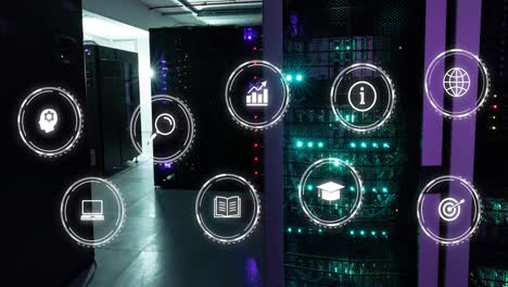 animation of multiple digital icons against computer server room
