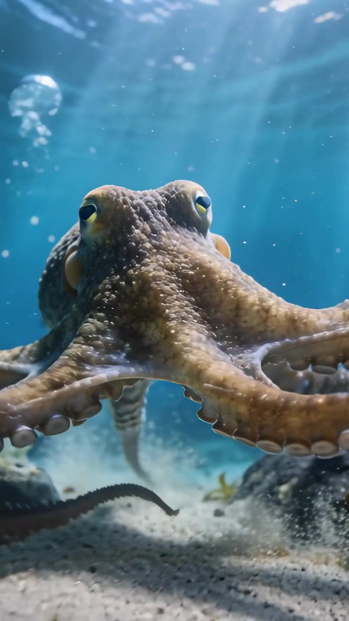 Video verticale: Braccio che si estende verso l'obiettivo, un polpo che inizia a esplorare il fondale sabbioso, allargando i tentacoli.