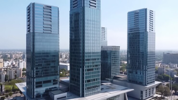 Vista aerea di moderni grattacieli di vetro in un paesaggio urbano