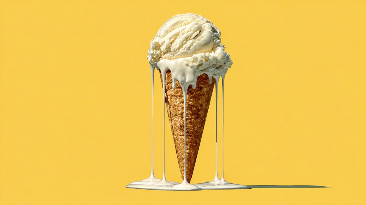 Delizioso Cono Gelato Che Si Scioglie su Sfondo Giallo: Una Tentazione Visiva di Golosità Cremosa e Dolce Atmosfera Estiva