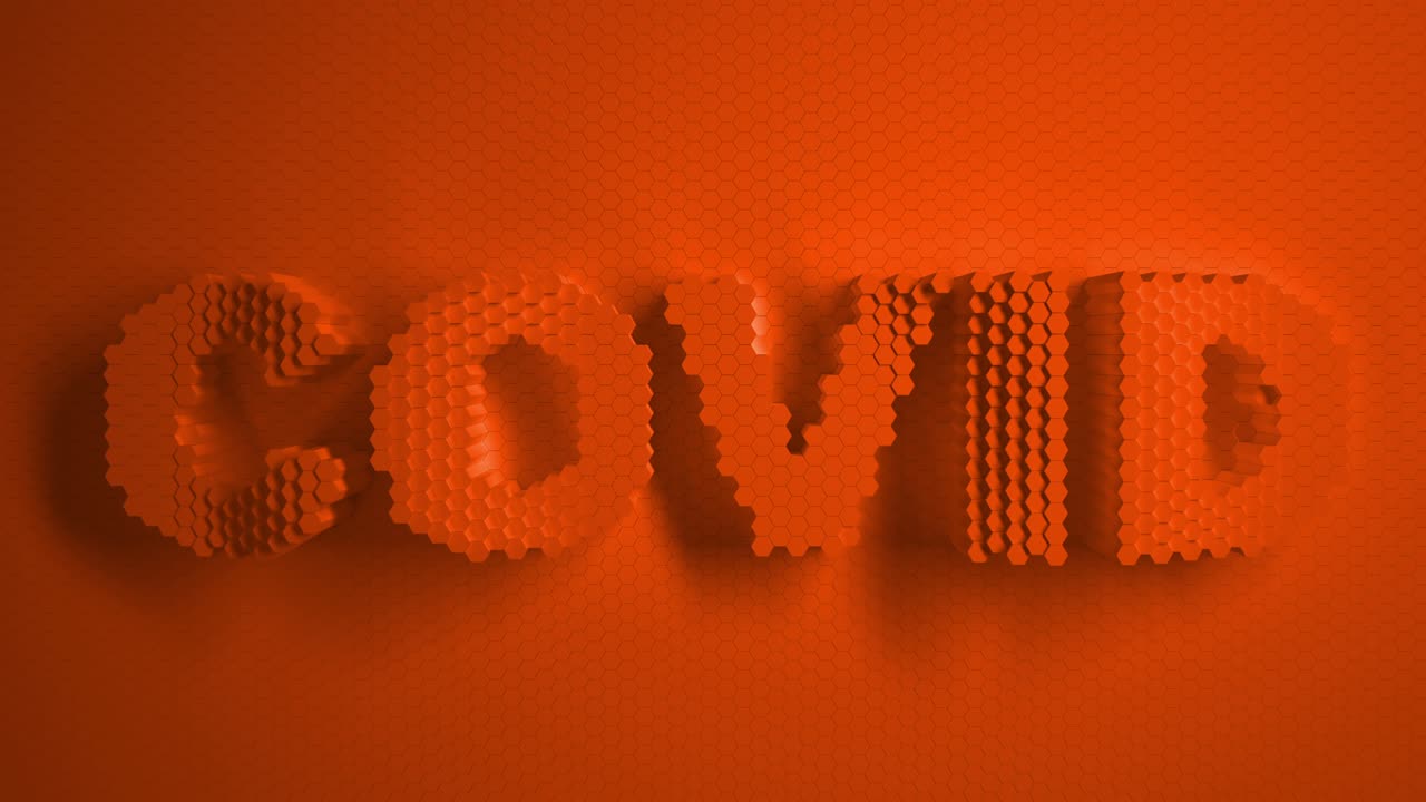 Covid 3d texts about the pandemic modern background. Orange mosaic surface with moving hexagons.. Logo, text. Cells. Wave. the 4k loop. animation for a business presentation.