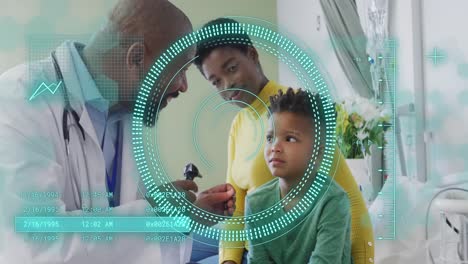 Animation-Der-Datenverarbeitung-über-Einem-Afroamerikanischen-Männlichen-Arzt-Mit-Einem-Jungen-Patienten