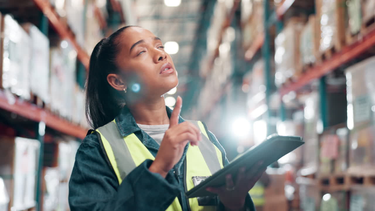 mujer trabajando en un almacén usando una tableta