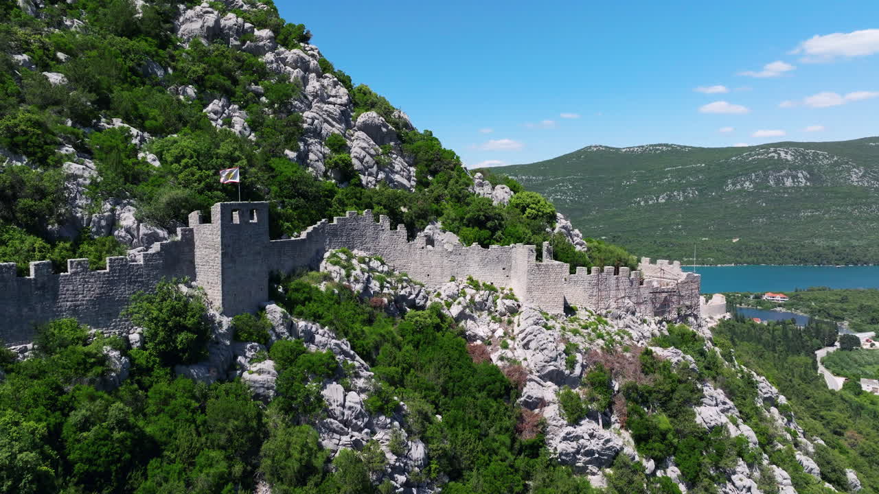 The Walls of Ston On The Peljesac Peninsula In Croatia, Europe. Aerial Drone Shot