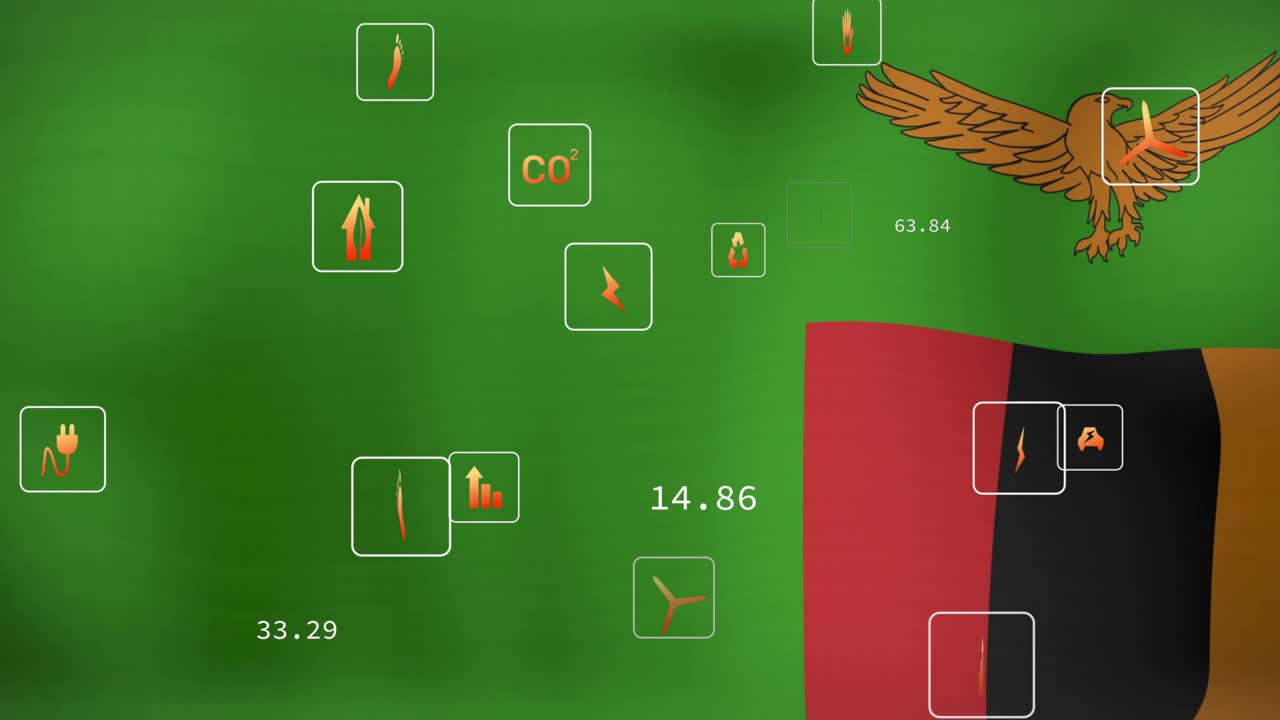 Zambian flag rippling rightwards, plug icon fading, CO? emerging, icons shuffling to visualize data