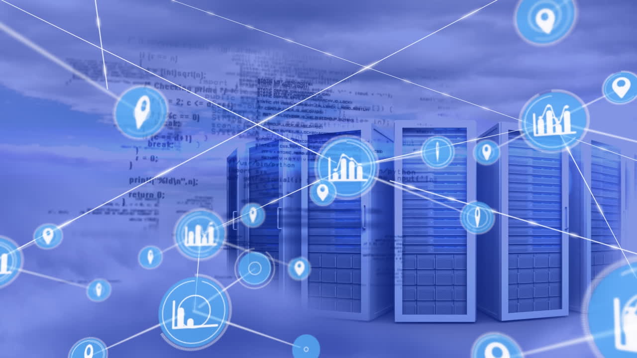Animation of network of communication icons and data processing over computer servers and blue sky