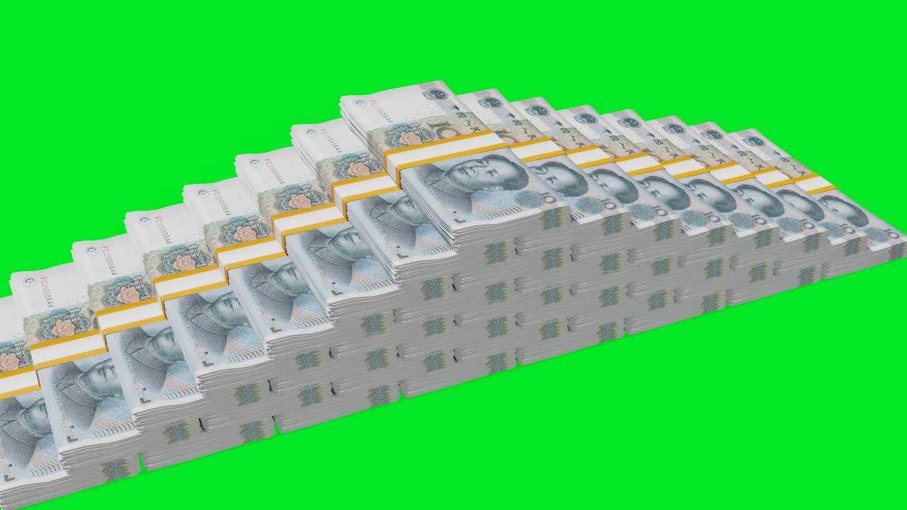 Many wads of money  chromakey background. 10 Chinese Yuan banknotes. Stacks of money.