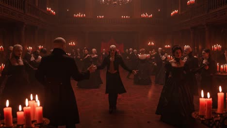 an enigmatic gathering: mysterious figures in elegant attire engage in a haunting dance amidst flickering candles in a dimly lit vintage ballroom
