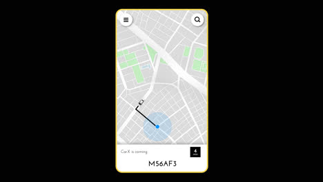 aplicativo móvel mostrando um carro se aproximando da localização de um usuário em um mapa