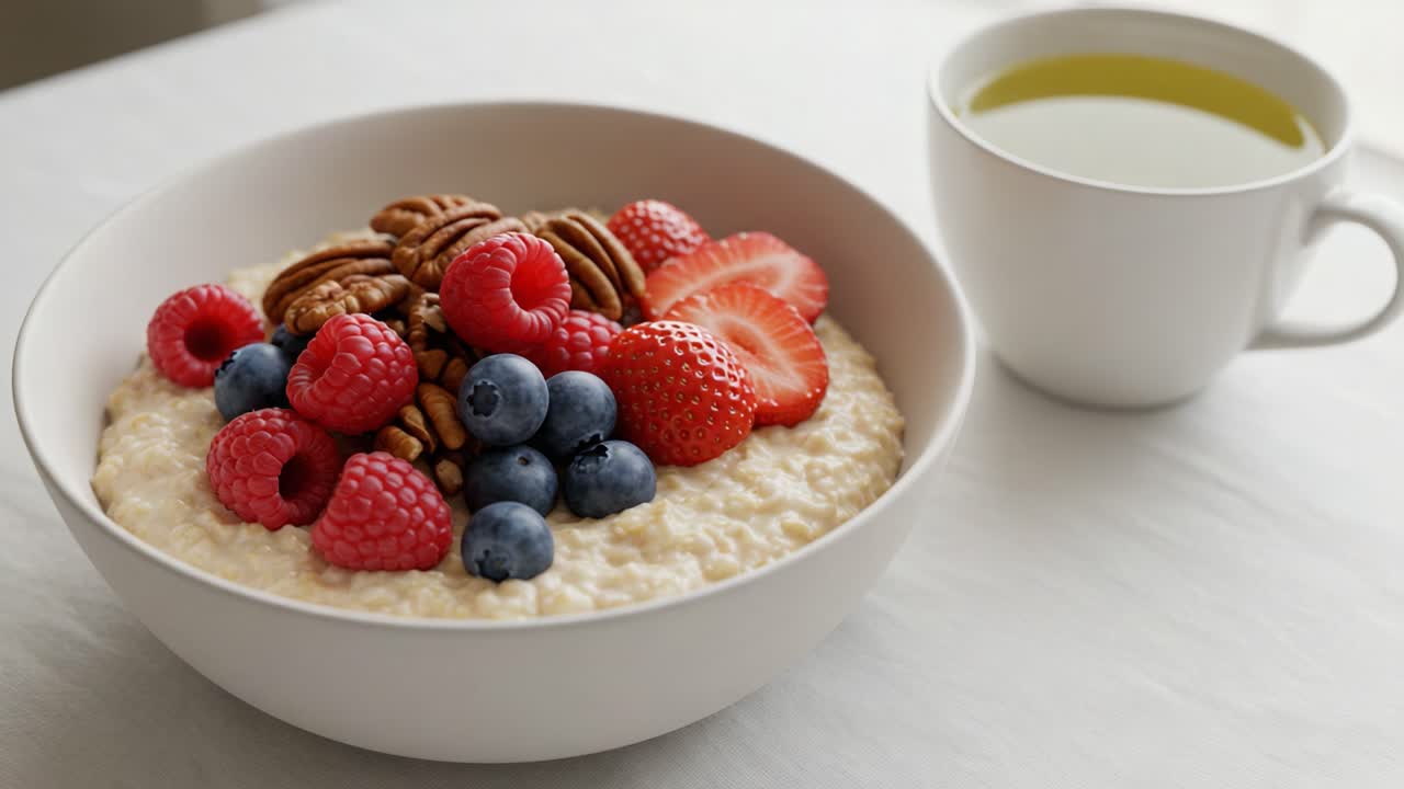 A Delicious Bowl of Oatmeal Topped with Fresh Berries and Pecans Accompanied by a Cup of Herbal Tea, Perfect for a Healthy Breakfast