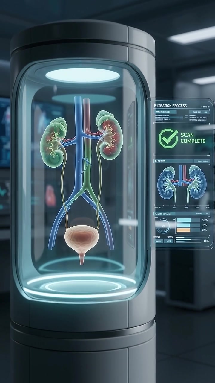 Futuristic Medical Hologram Displaying Human Kidney Filtration Process