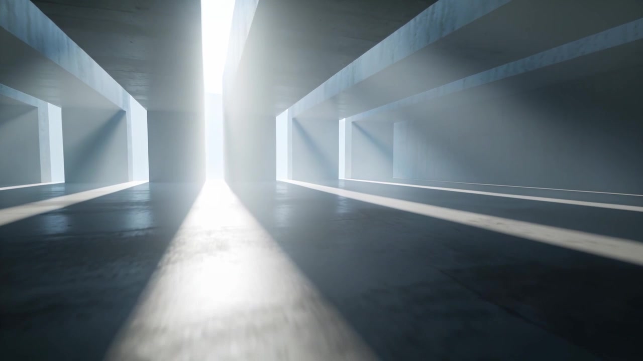Moving low camera through cement tunnel toward bright gap, showing skylight, slots, floor shine