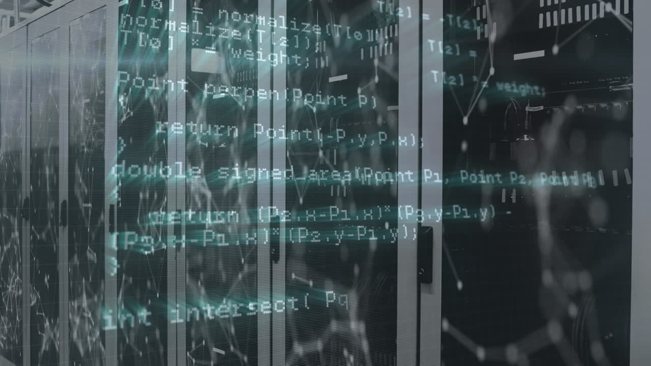 Animation of data processing and network of connections against computer server room