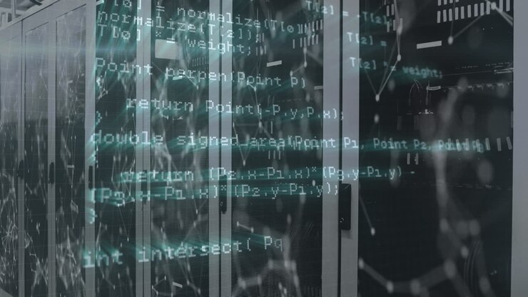 Animation of data processing and network of connections against computer server room