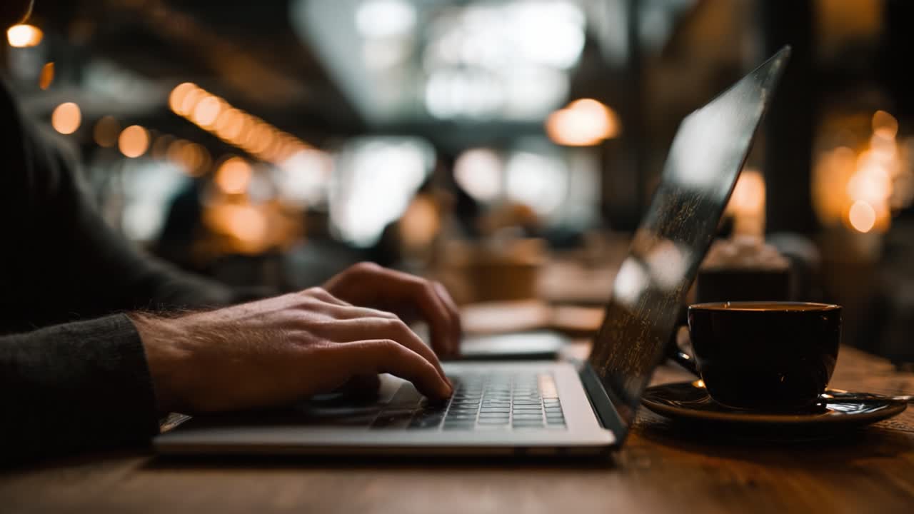 A Focused Individual Engaged in Work on a Laptop in a Cozy Café Setting, Surrounded by the Warm Atmosphere of Soft Lighting and the Aroma of Fresh Coffee