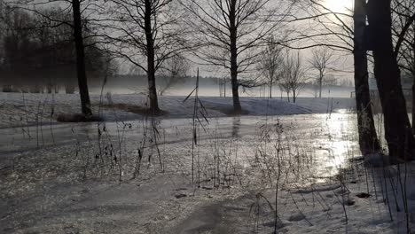 Neblige,-Friedliche-Winterlandschaft,-Gefrorener-Bach-Und-Nebliges-Tal,-Ruhige-Landschaft