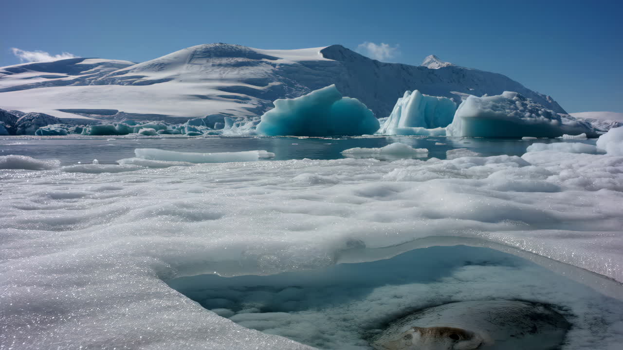 Seal in an Ice Hole with Icebergs and Snowy Mountains
