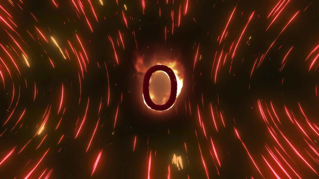 Animation of 0 number on fire over illuminated circular pattern against abstract background