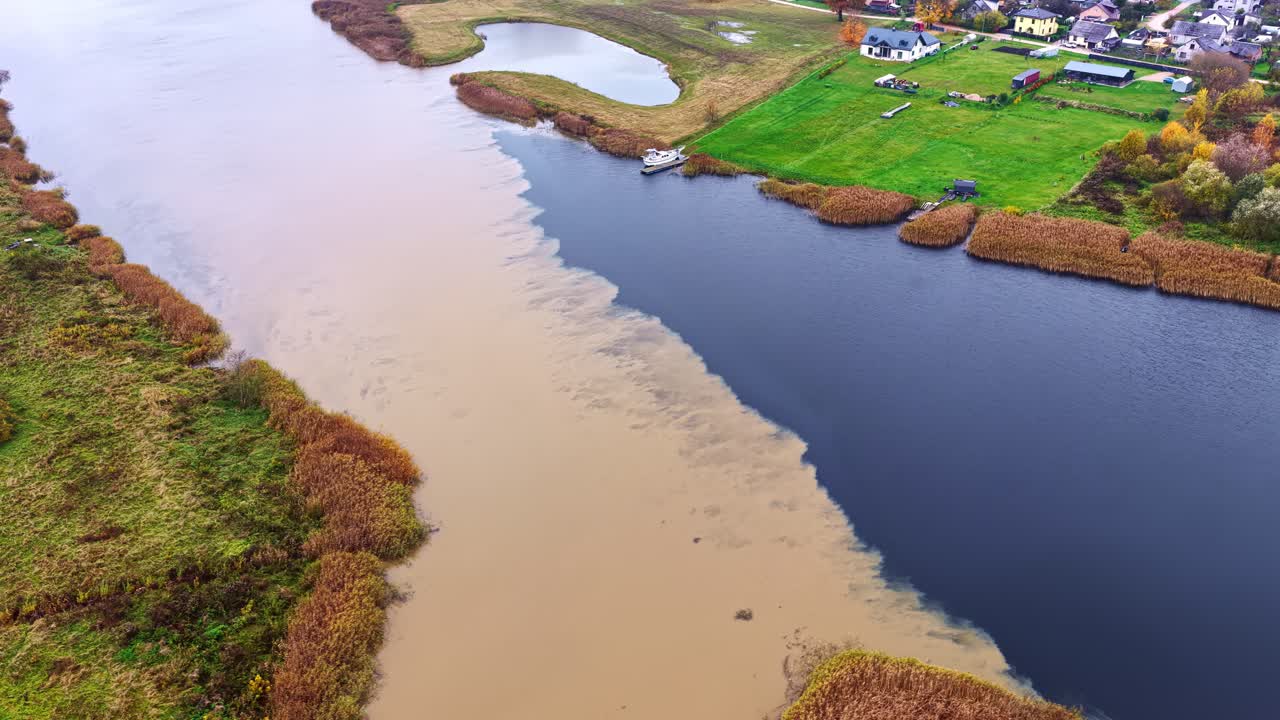 Waters of different densities without mixing in a river. Aerial view