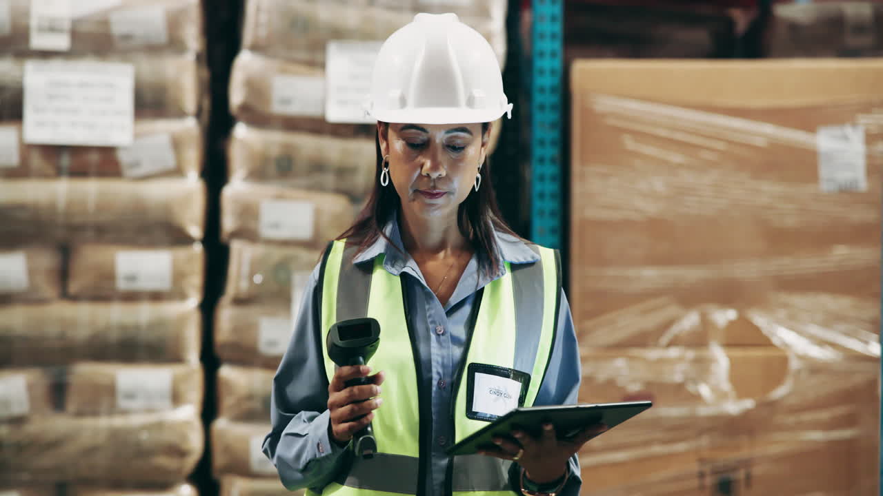 trabajador de almacén comprobando el inventario con una tableta