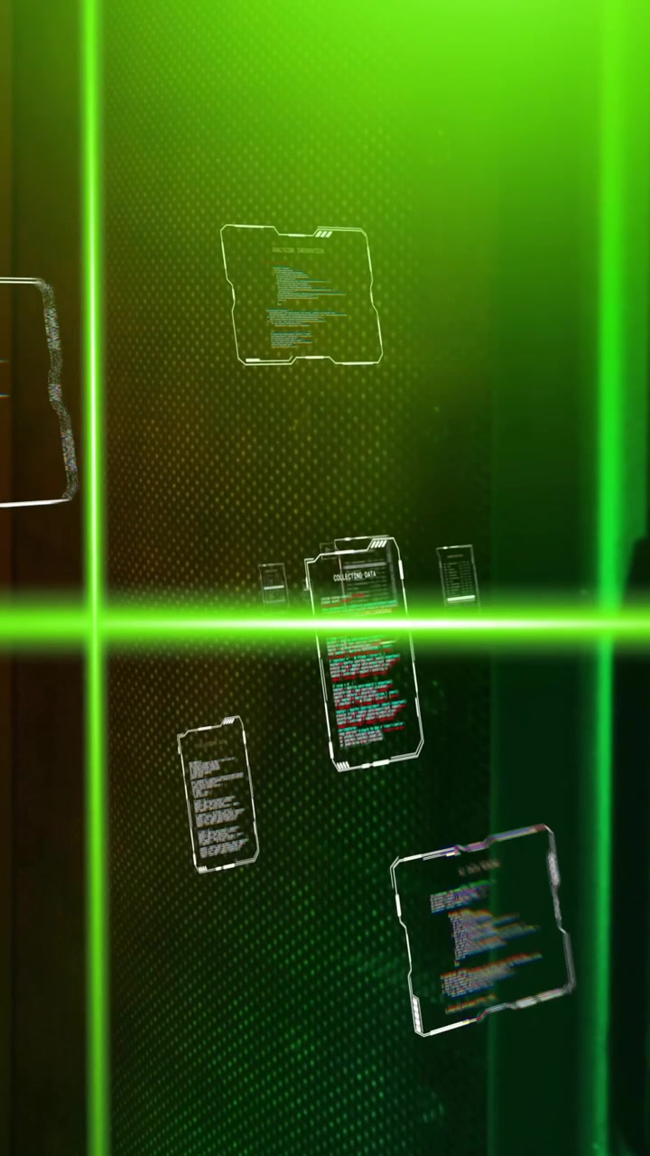 Animation of green scanner beams, networks and interfaces processing data over server room