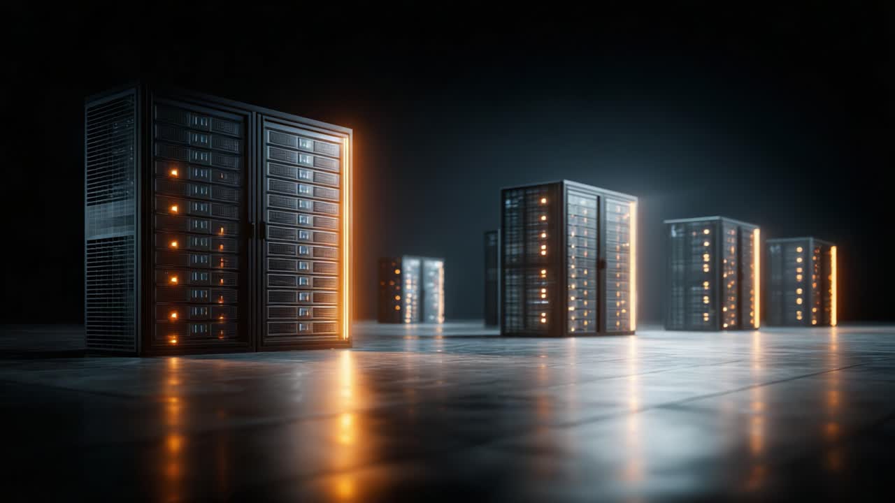 Un ambiente futuristico di data center con file di rack server high-tech illuminate da luci blu e arancioni in un ambiente scuro