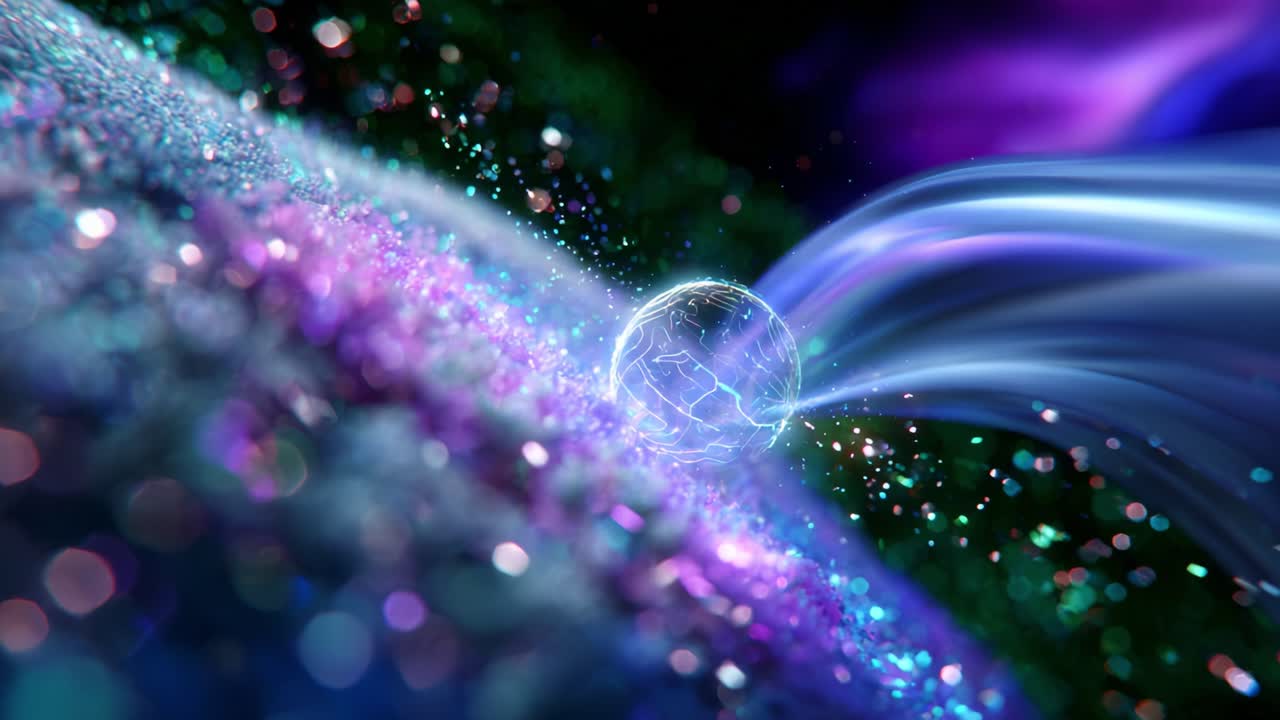 Una scena cosmica ipnotizzante si rivela con una sfera luminosa al suo interno, circondata da particelle colorate e scintillanti e da flussi di luce vorticosi, evocando un senso di meraviglia e infinite possibilità nell'universo