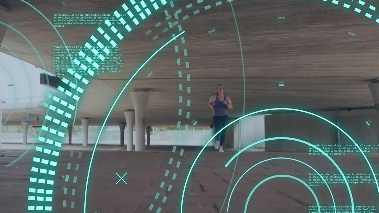 animación de procesamiento de datos sobre tamaño plus mujer caucásica haciendo ejercicio en la ciudad