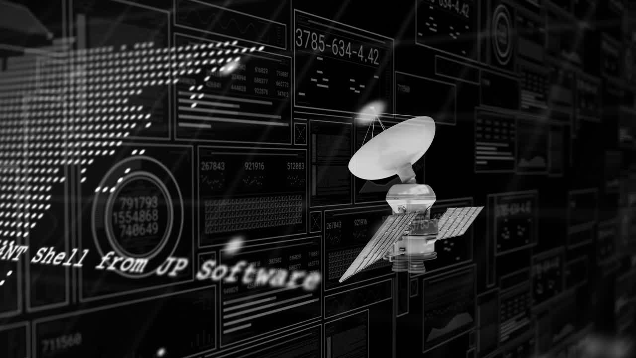 Animation of satellite over globe and numbers processing on screens over black background