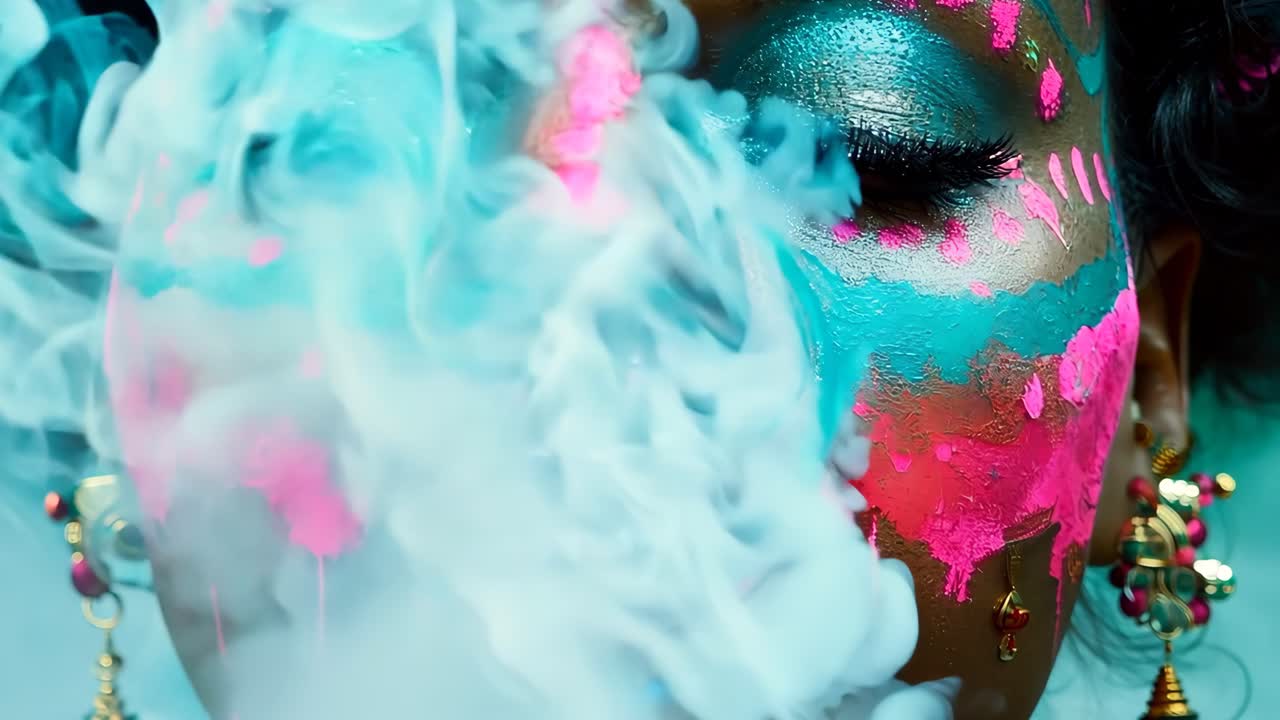 una mujer con pintura azul y rosa en la cara y humo saliendo de la boca