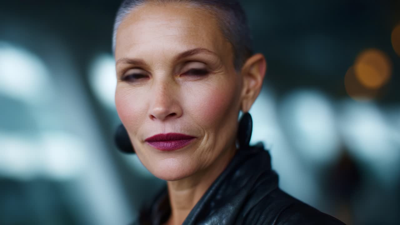 Confident Woman with Short Silver Hair and Bold Lip Color, Showcasing Modern Style and Poised Expression in a Soft-Focused Background with Bokeh Lights