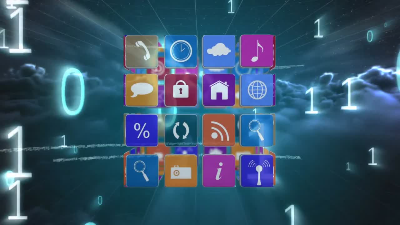 iconos de aplicaciones en cuadrados en el cielo con programas y códigos binarios para redes sociales.