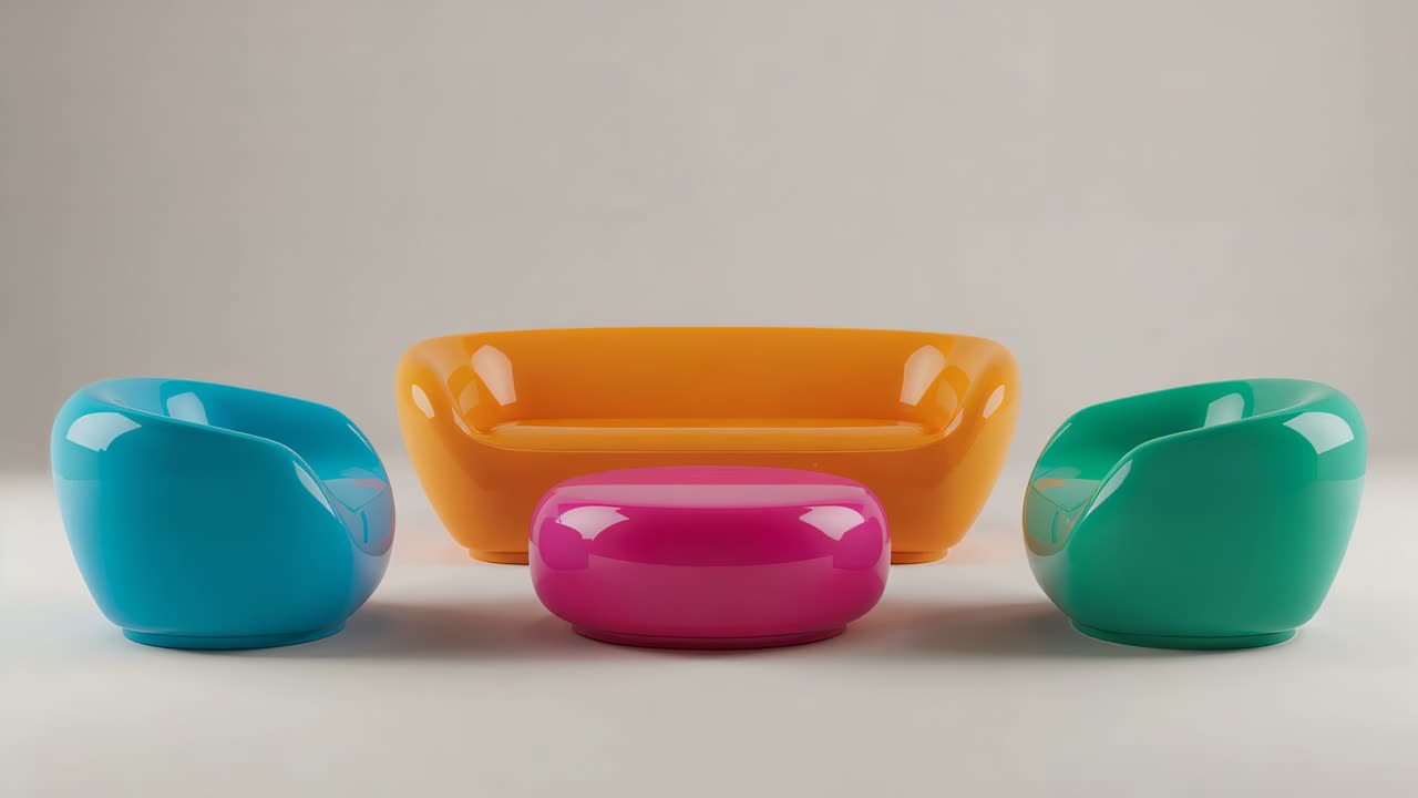 Zoom della camera che mostra sedute lucide in studio: divano arancione, pouf magenta, sedie ciano-verde acqua