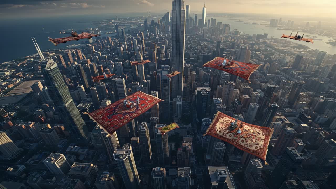 An Enchanting Flight Above the Skyline: A Magical Scene of Floating Carpets Gliding Through Urban Heights Against a Backdrop of Cityscape and Skyscrapers