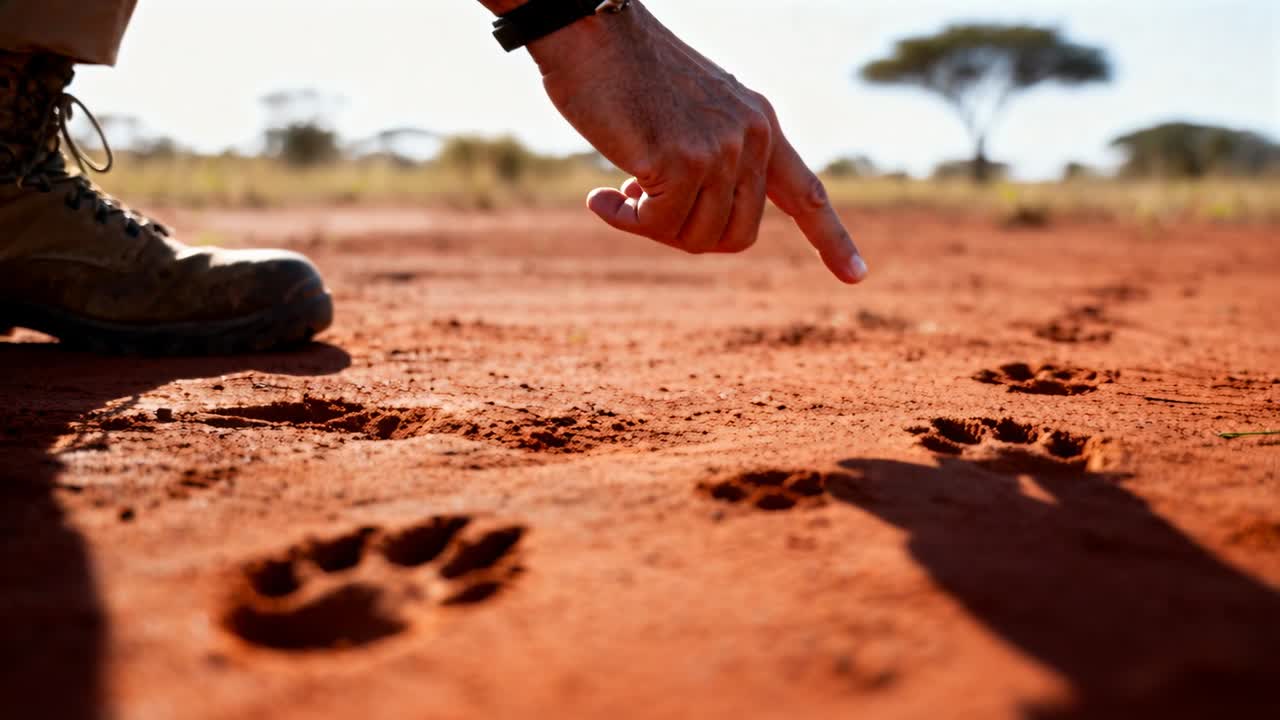 Ein kniender Führer entdeckt einen Pfotenabdruck und verfolgt Spuren auf rotem Sand, die den Weg weisen; Khaki-Stiefel, mit Textfreiraum.