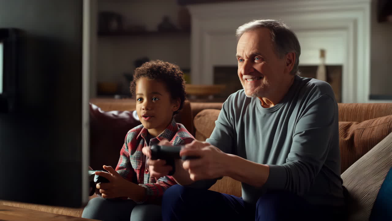 Grandfather and Grandson Playing Video Games