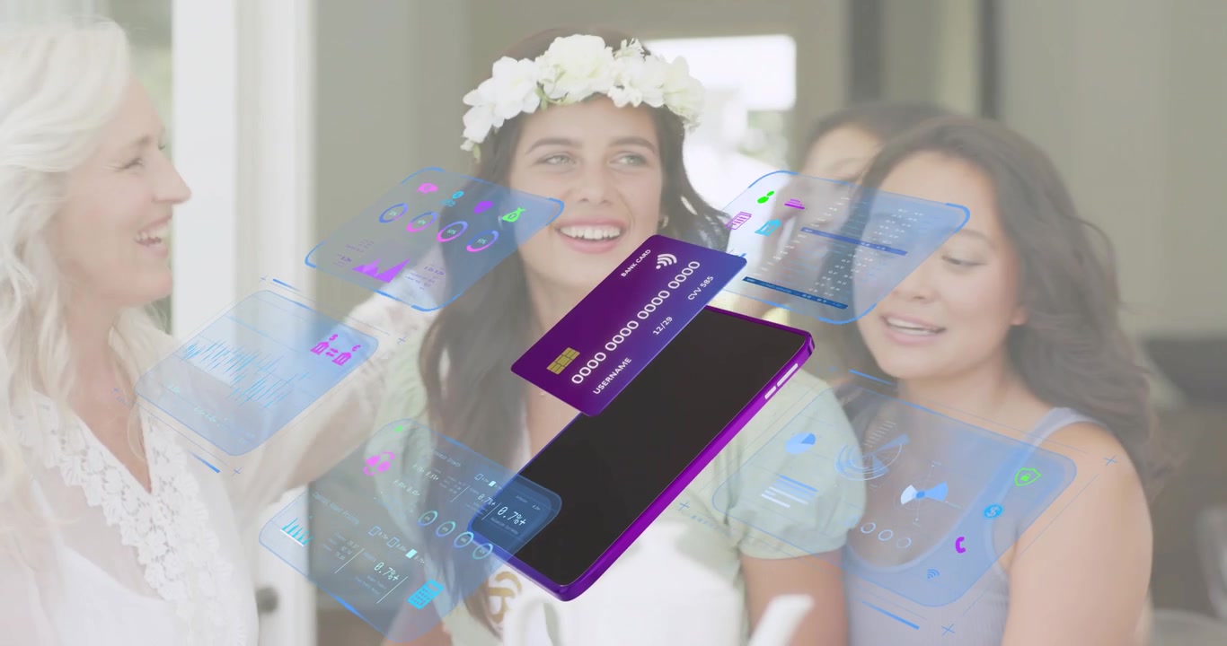 Group women over tea, smartphone floating into view animating credit card panels then taking selfie