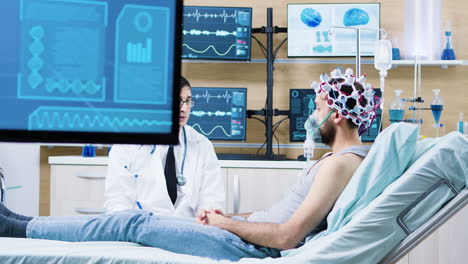 doctor in a modern neurology centre talking with his patient