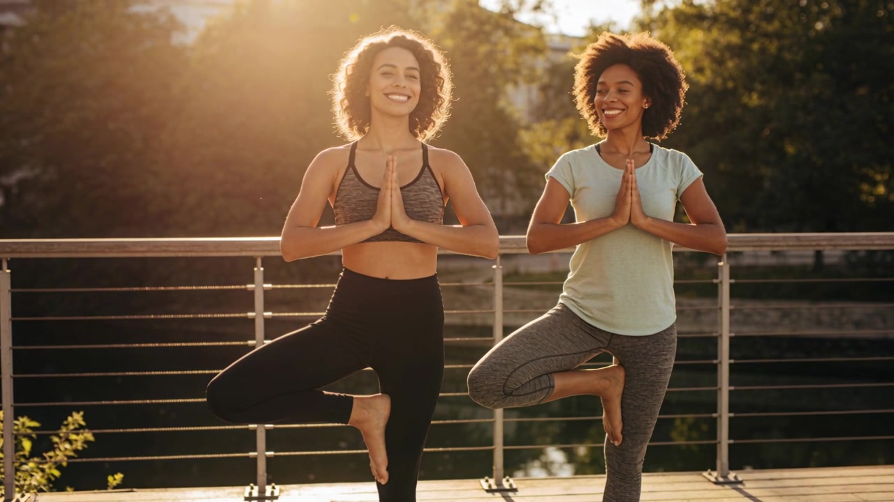 Iniciando a prática, duas mulheres equilibrando-se na postura da árvore em deque de rio com corrimão, vestindo roupa esportiva