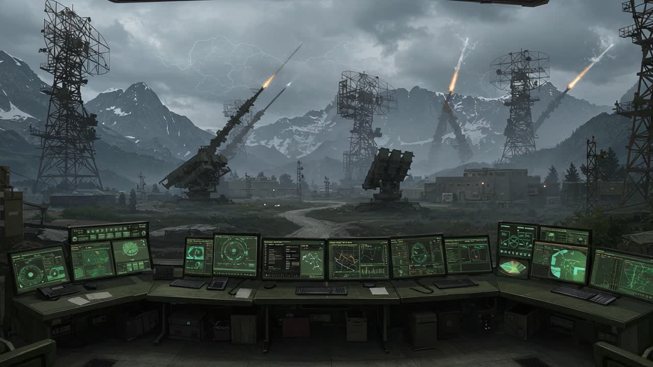 A High-Tech Military Command Center Overlooking a Mountainous Landscape, Featuring Advanced Radar Systems and Missile Launches Amidst an Ominous Sky