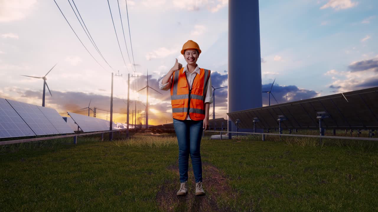 Full Body Of Asian Female Engineer With Safety Helmet Smiling And Showing Thumbs Up Gesture To The Camera With Solar Panel and Wind Turbines