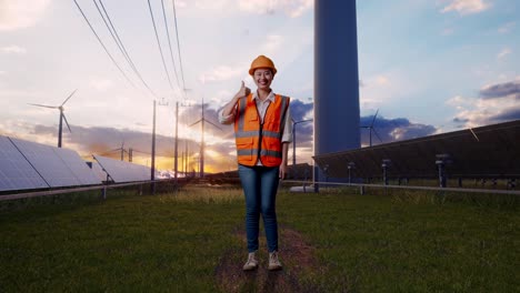 full body of asian female engineer with safety helmet smiling and showing thumbs up gesture to the camera with solar panel and wind turbines