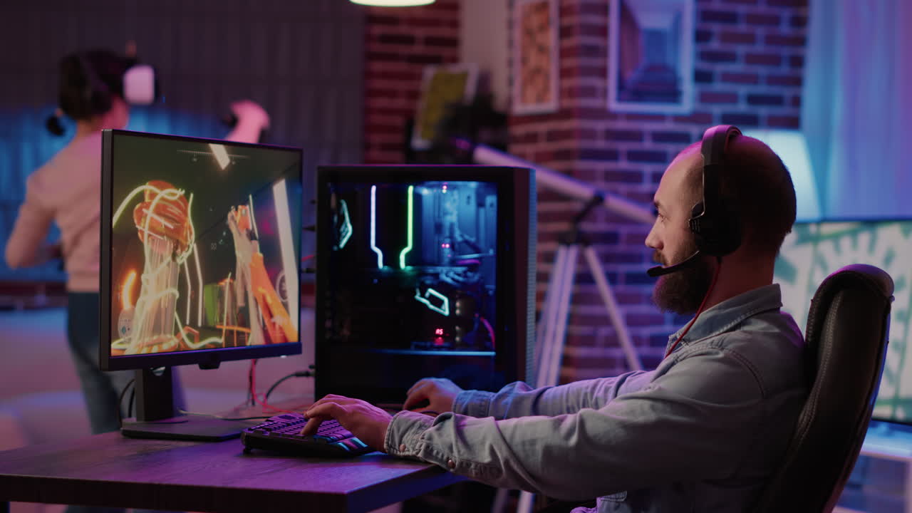 Man streaming multiplayer online first person shooter on pc while gaming girl is fighting in virtual reality game