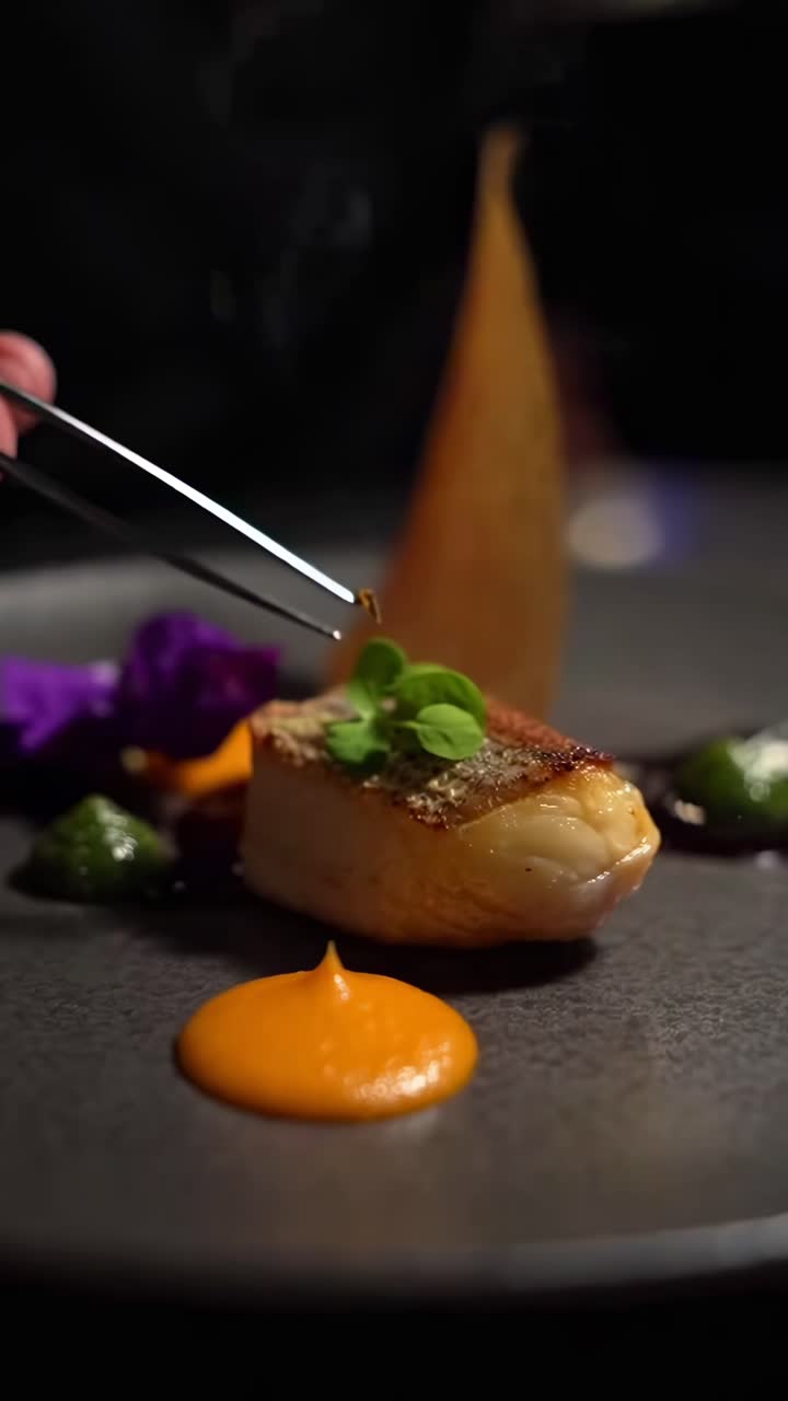 Nahaufnahme-Video von Gourmet-Anrichtung, das künstlerische kulinarische Präsentation zeigt.