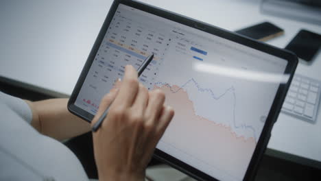 female stock exchange trader monitoring real-time stocks, exchange market charts on smartphone and digital tablet using online trading app. professional investment agent working in office. close up.