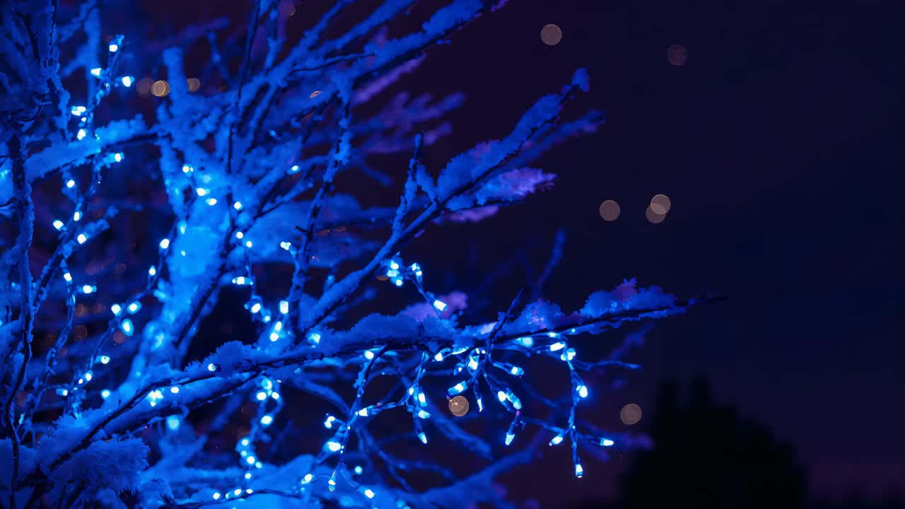 Breeze stirring snowy tree branches wrapped with blue LED lights at night, producing warm bokeh